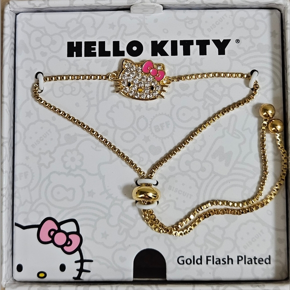 HELLO KITTY SANRIO GOLD FLASH PLATED CRYSTAL RHINESTONES SLIDE BRACELET NIB - Picture 4 of 5